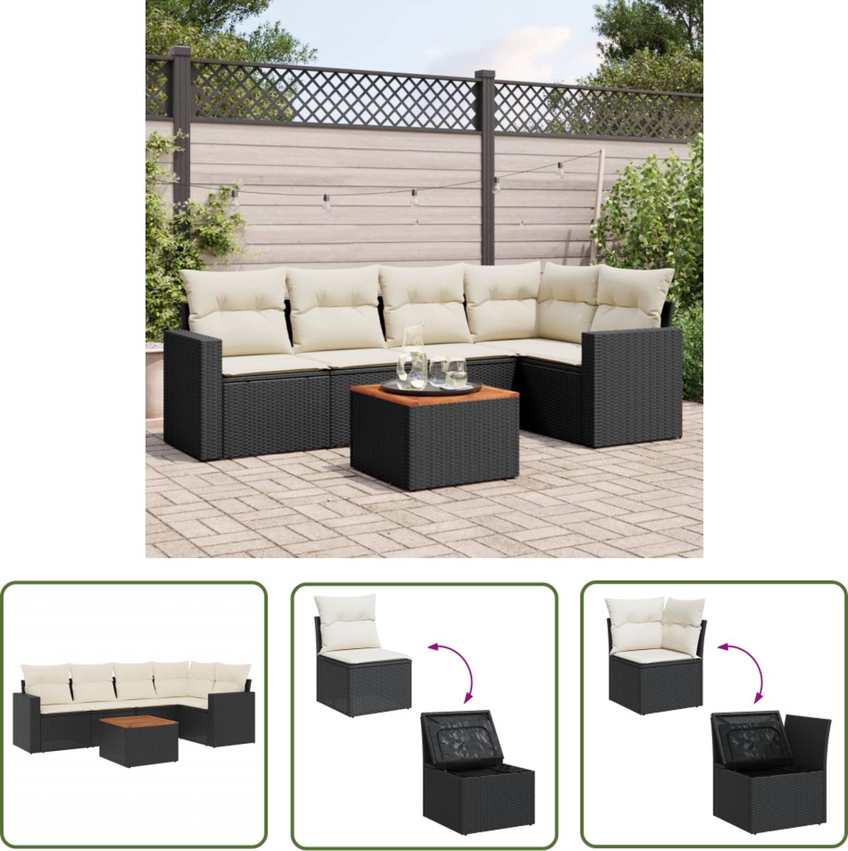 The Living Store 6-delige Loungeset met kussens poly rattan zwart - Loungeset - Lounge Set - Tuinlounge - Buitendining - Loungebank