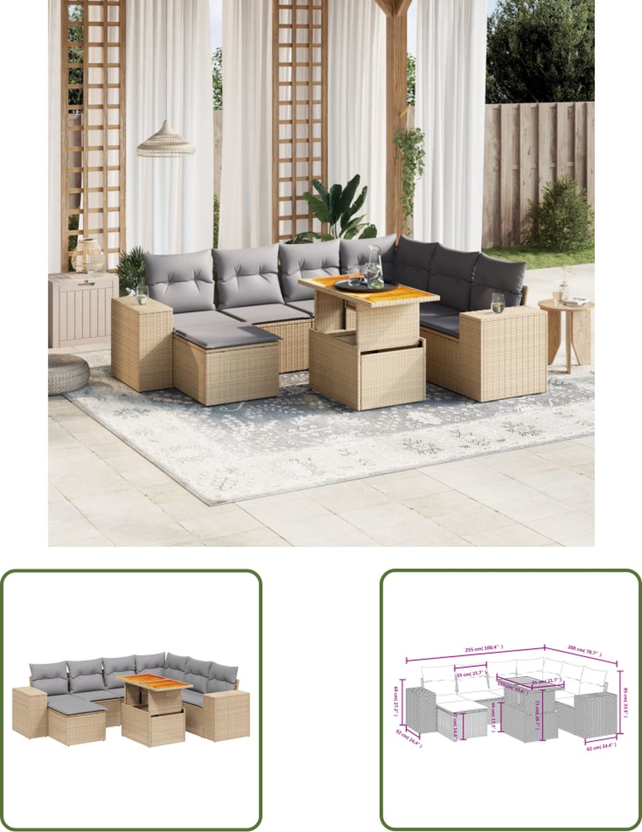 Loungeset met beige polyrattan, kussens, 8-delige set - Tuinmeubels.