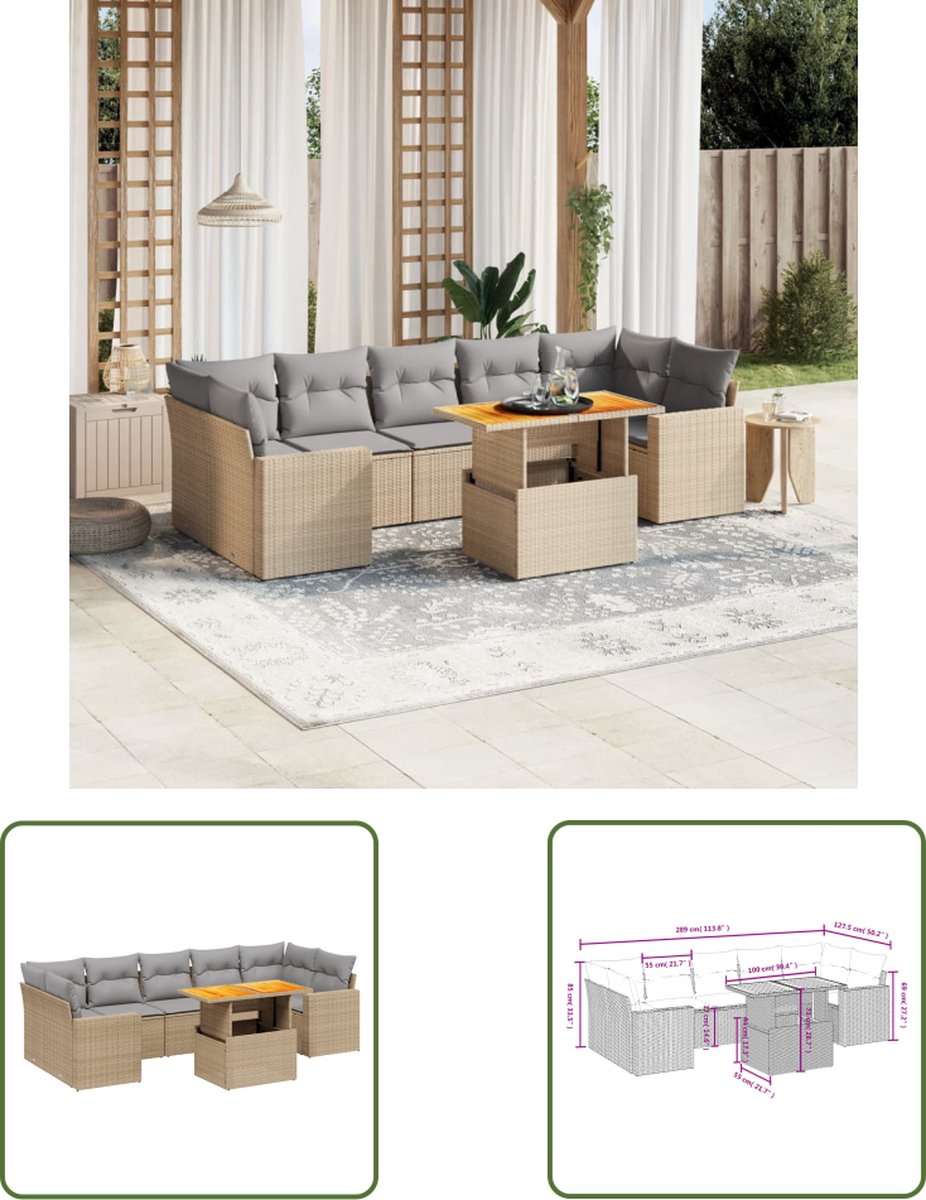 The Living Store 8-delige Loungeset met kussens poly rattan beige - Loungebank - Tuinset - Lounge Set - Buitendecoratie - Garden Furniture Poly rattan beige loungeset met kussens - The Living Store.