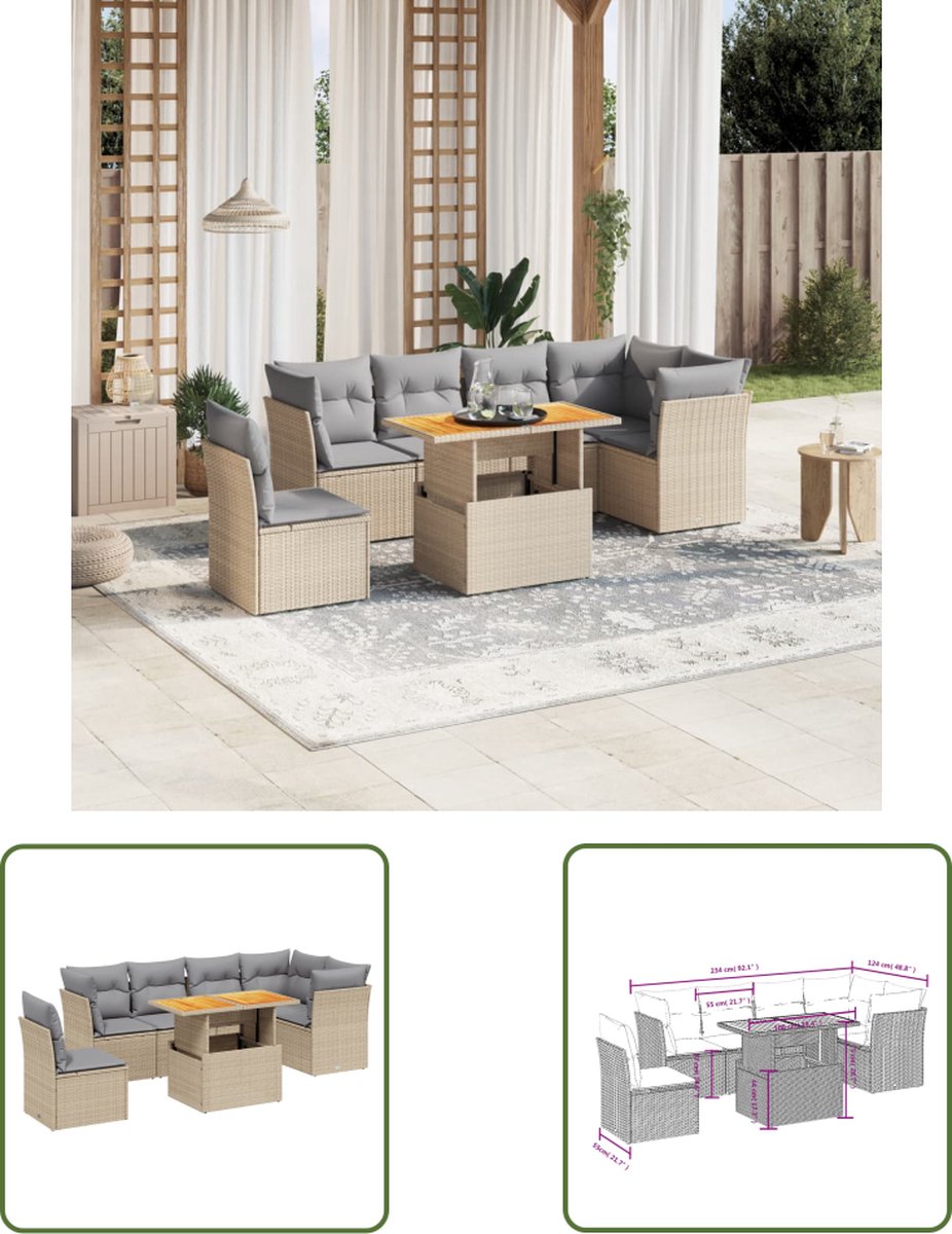 The Living Store 7-delige Loungeset met kussens poly rattan beige - Loungebank - Tuinset - Loungehoek - Buis Meubel - Poly Rattan