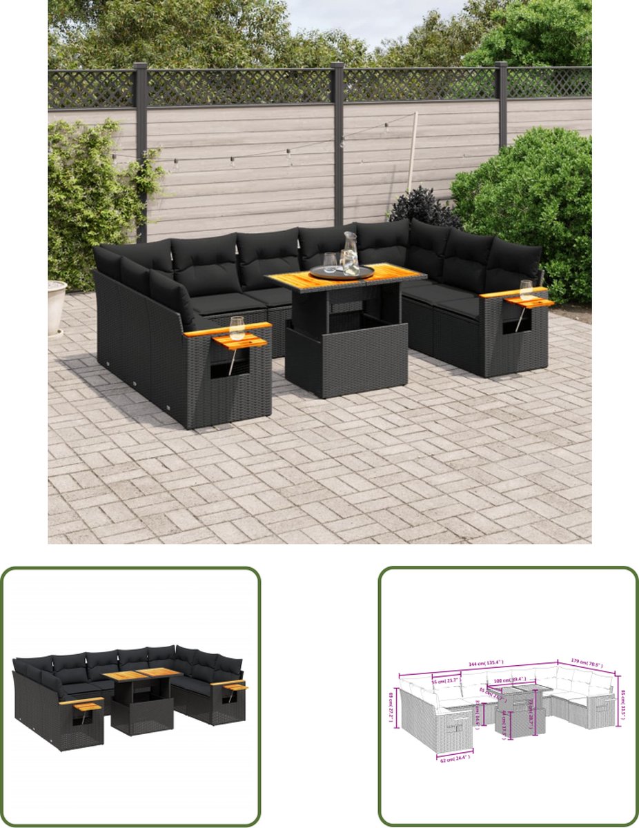 The Living Store 11-delige Loungeset met kussens poly rattan zwart - Loungeset - Tuinset - Lounge Set - Buitendecoratie - Outdoor Furniture