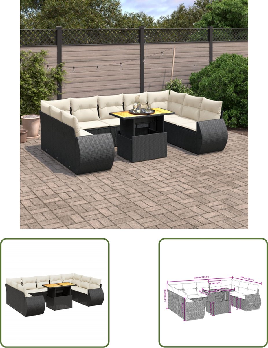 The Living Store 10-delige Loungeset met kussens poly rattan zwart - Loungeset - Tuinset - Lounge - Buitendecoratie - Tuinmeubels