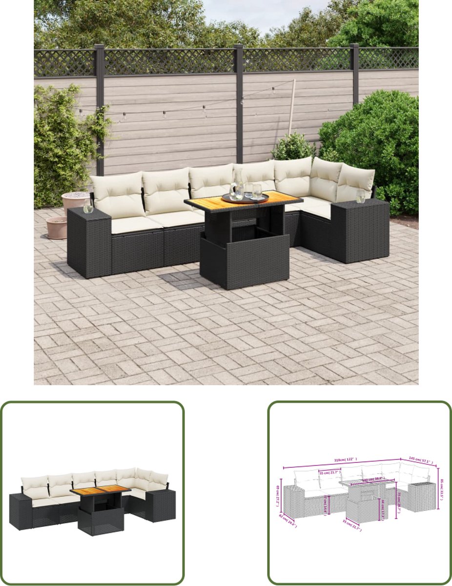 The Living Store 7-delige Loungeset met kussens poly rattan zwart - Loungebank - Lounge Set - Tuinset - Buitendecoratie - Tuinlounge