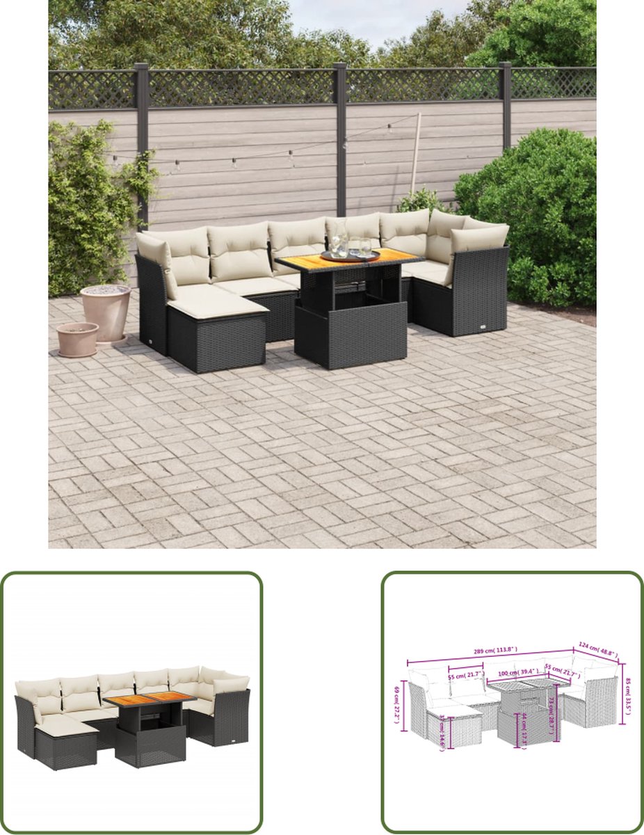 Moderne zwarte poly rattan loungeset met kussens - Tuinmeubilair in buitenomgeving.
