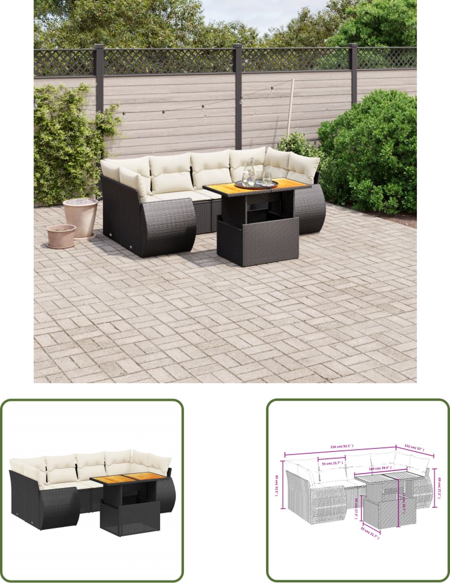 The Living Store 7-delige Loungeset met kussens poly rattan zwart - Loungeset - Tuinset - Buitendecoratie - Loungehoek - Relaxstoel