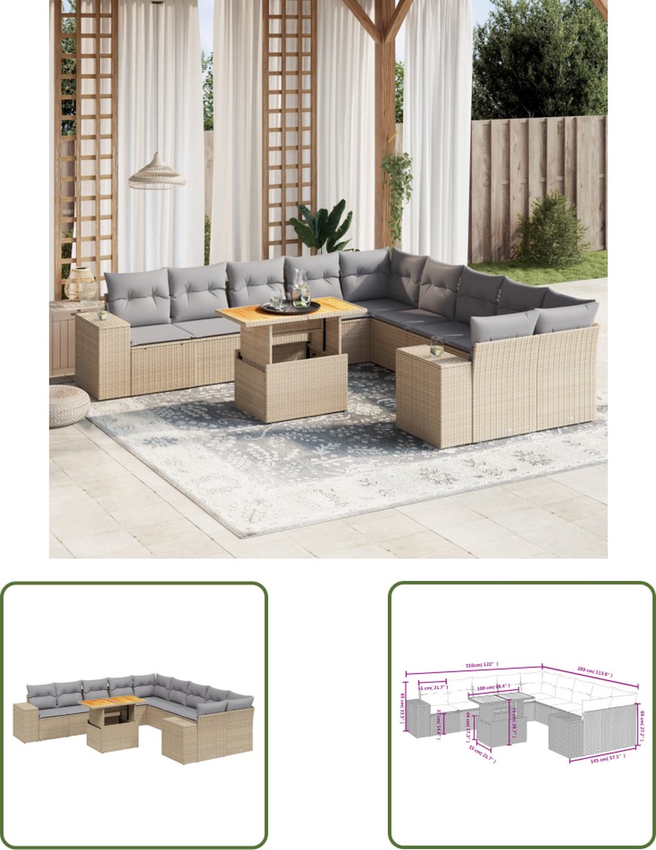 The Living Store 11-delige Tuinset met kussens poly rattan beige - Loungeset - Buitendecoratie - Loungemeubels - Tuinstoel - Hoekbank