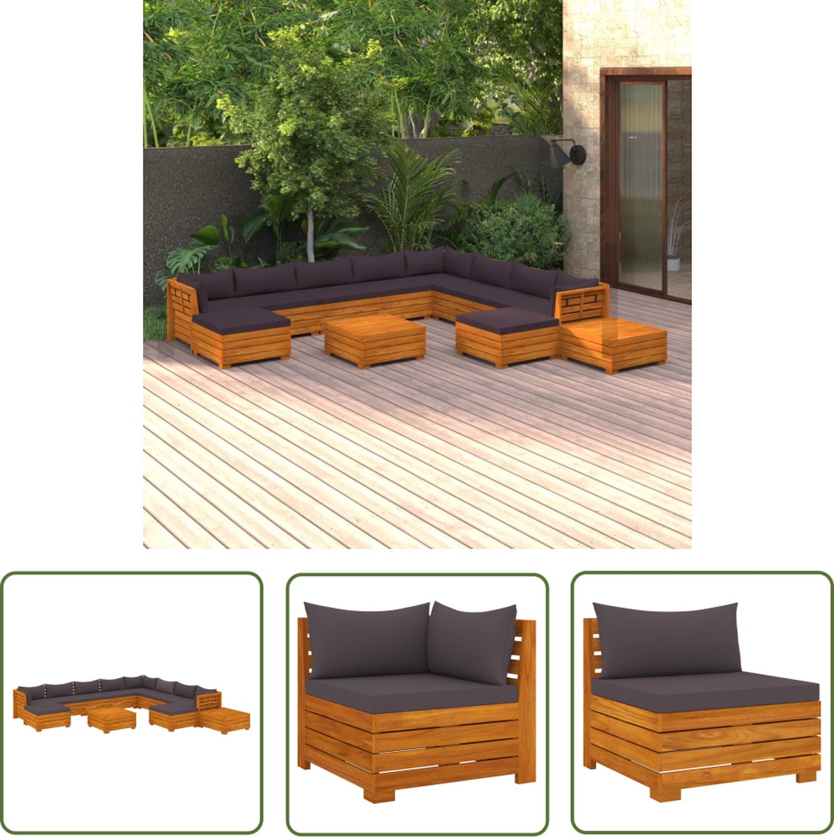 The Living Store 12-delige Loungeset met kussens massief acaciahout - Loungestoel - Tuinstoel - Lounge Set - Acacia Hout - Outdoor Furniture