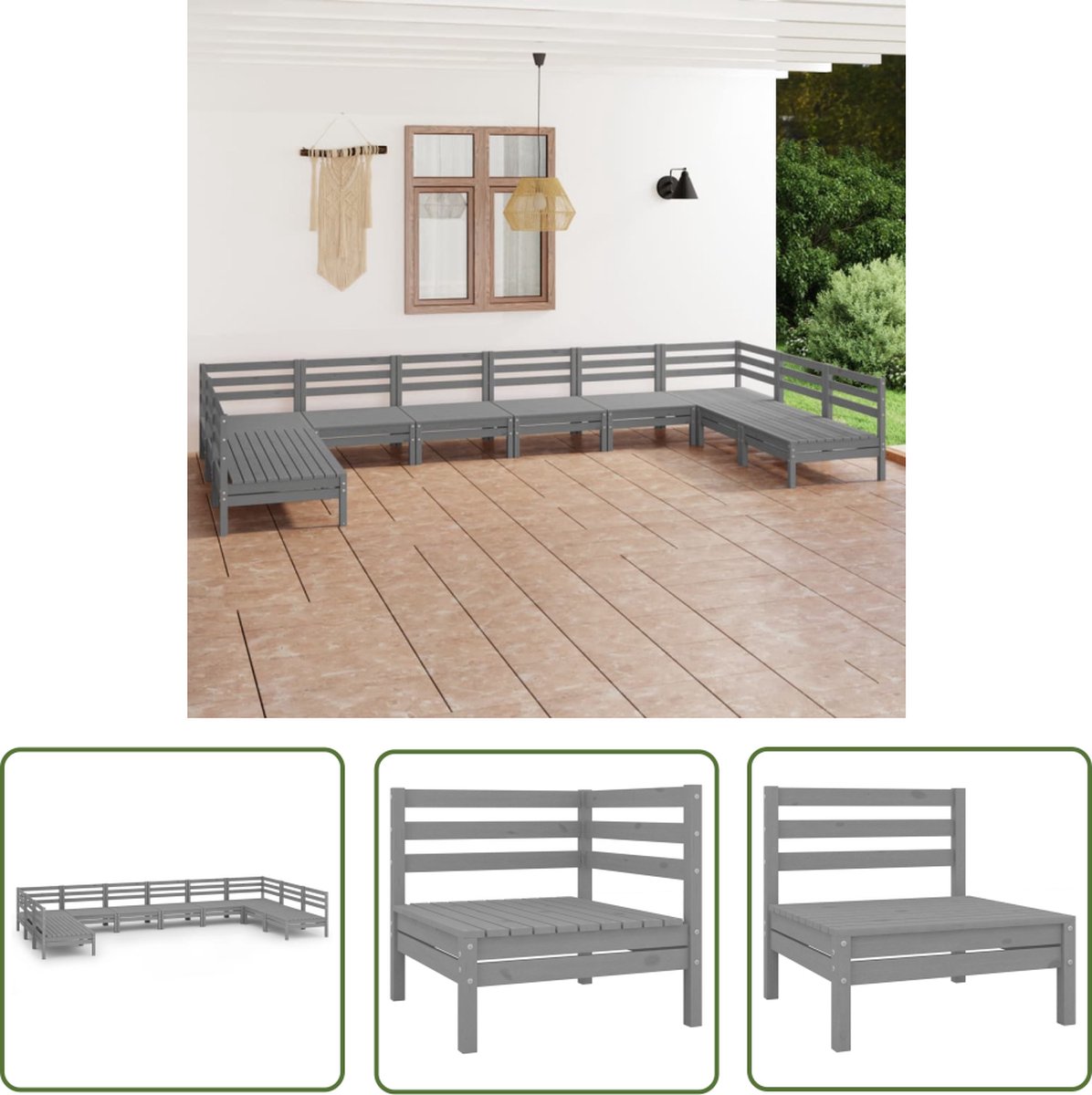 Grijze massief grenenhouten loungeset voor buiten - Tuinmeubels.