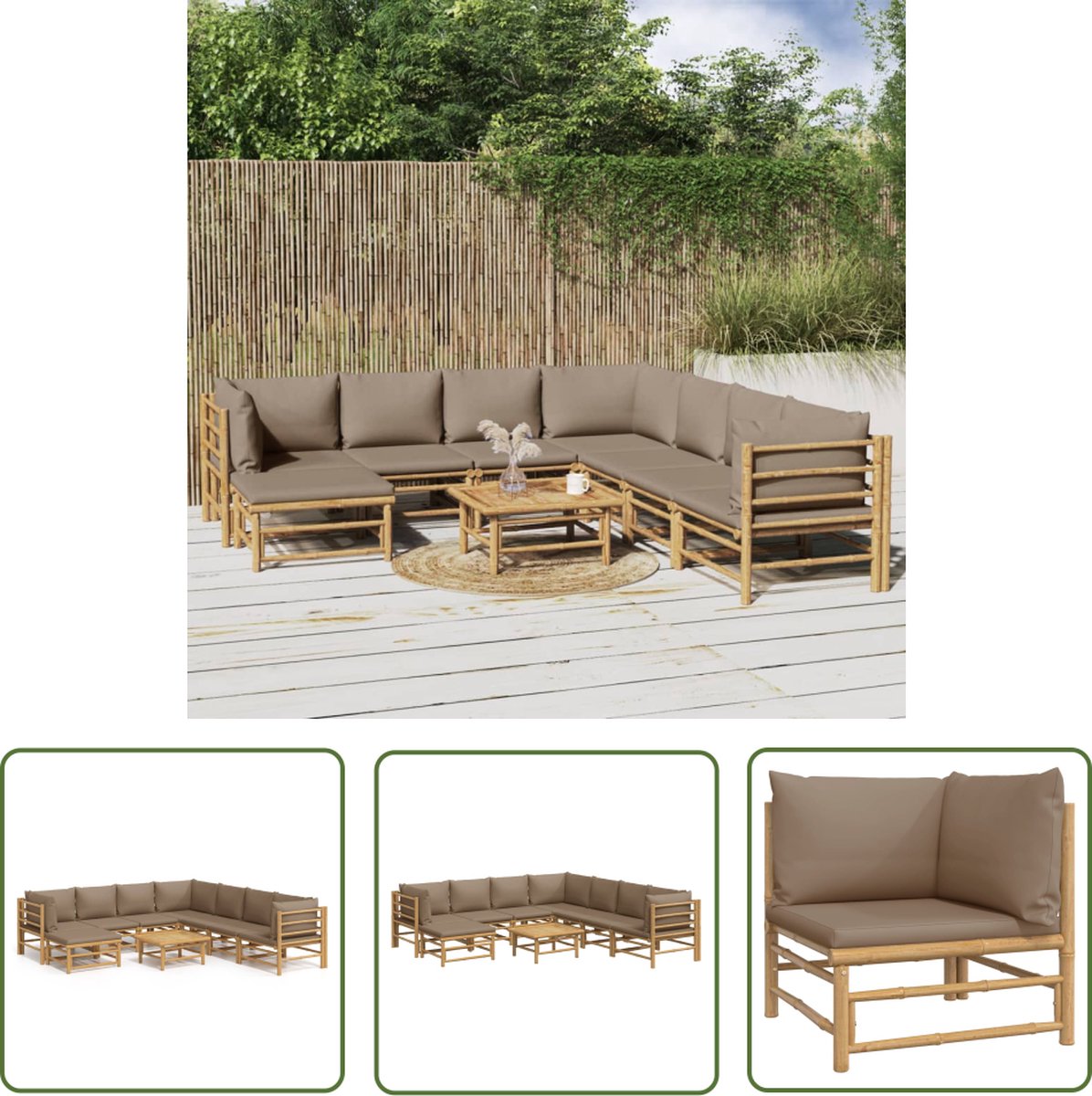 Bamboe loungeset met taupe kussens voor buiten - Tuinmeubelset - The Living Store.