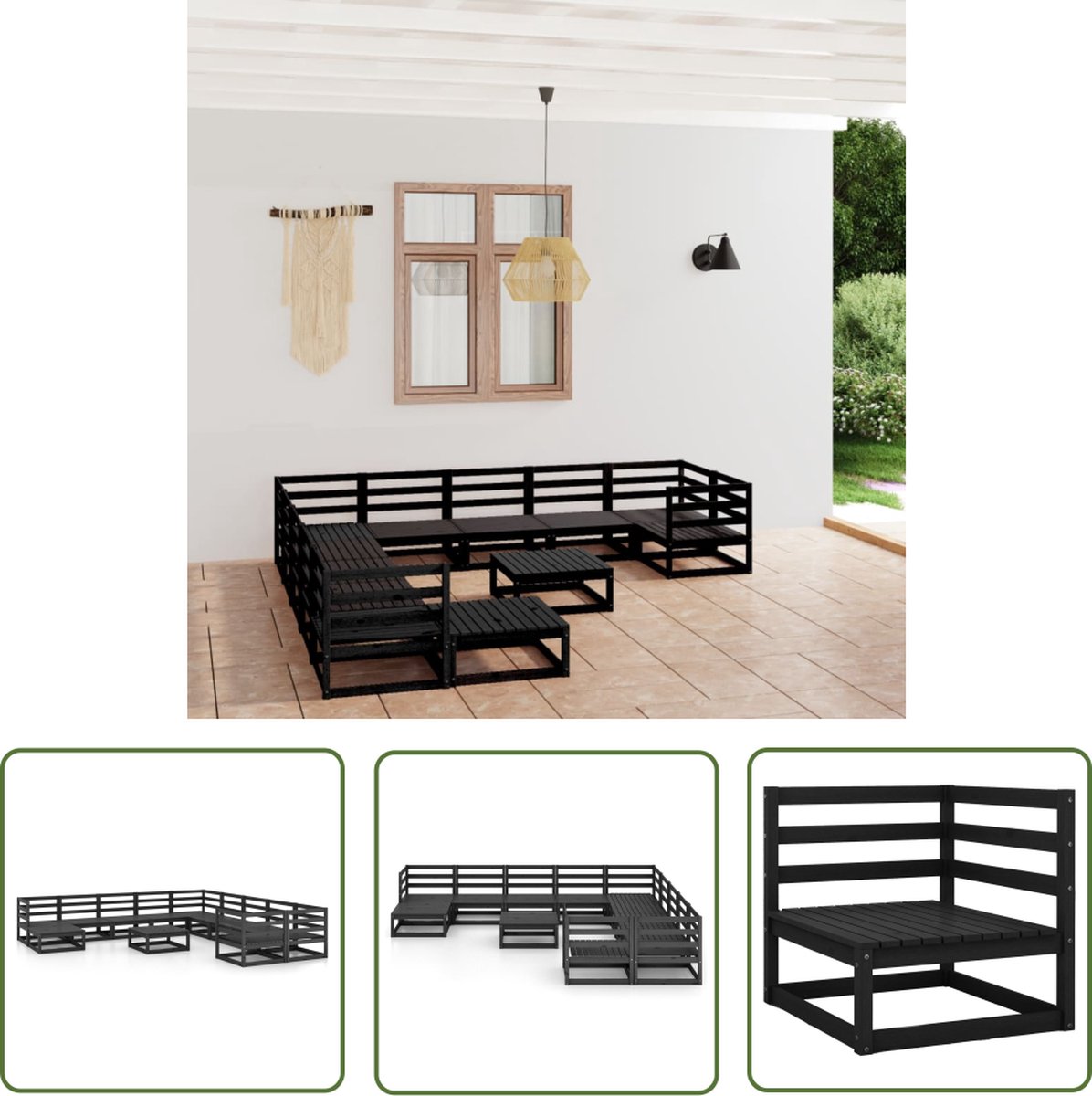 The Living Store 12-delige Loungeset massief grenenhout - Lounge Set - Tuinset - Houten Lounge Set - Grenenhout - Zwarte Lounge Set