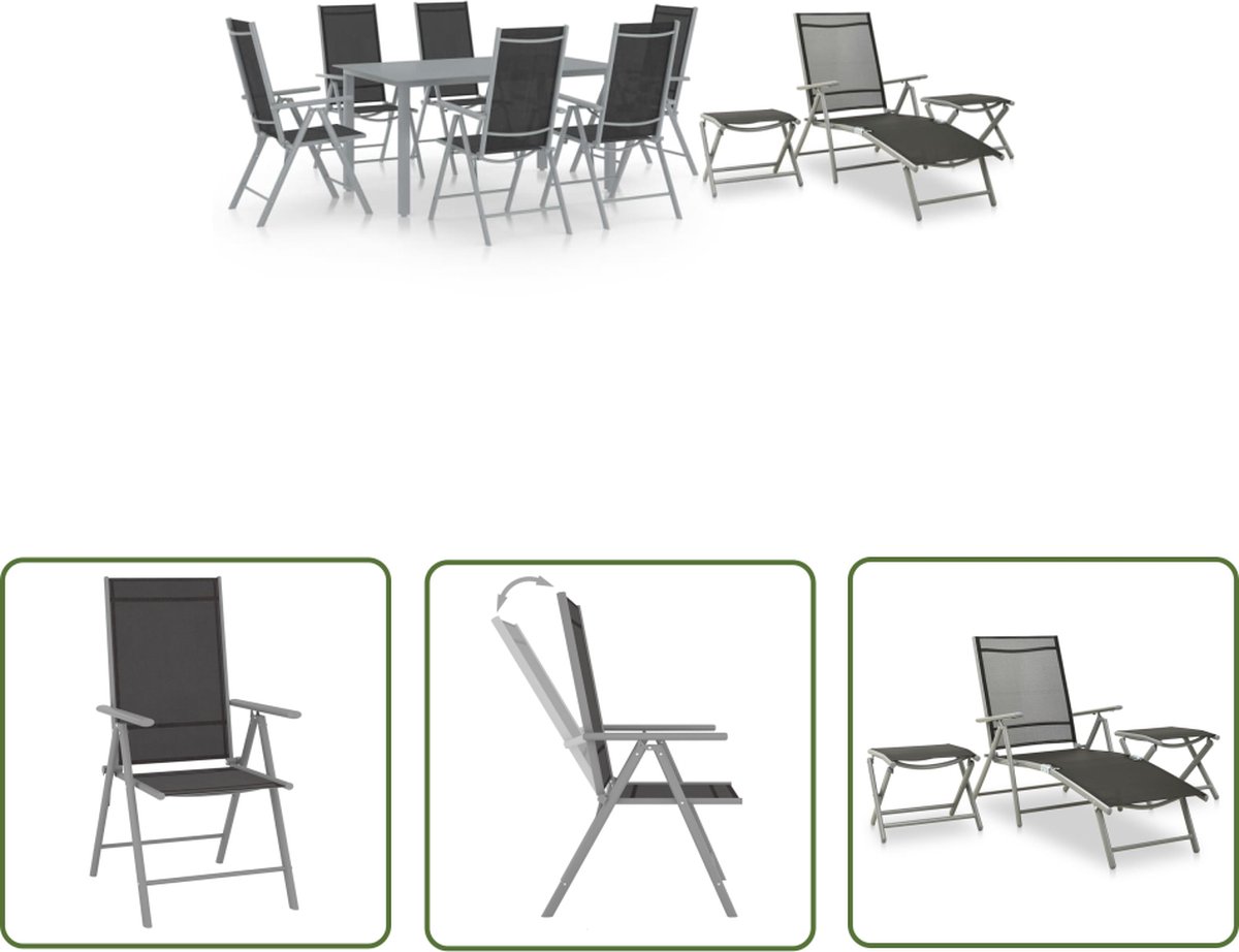 The Living Store 10-delige Tuinset zwart en zilverkleurig - Tuinbank - Lounge Set - Buitendecoratie - Eetkamerset - Aluminium Tuinmeubilair