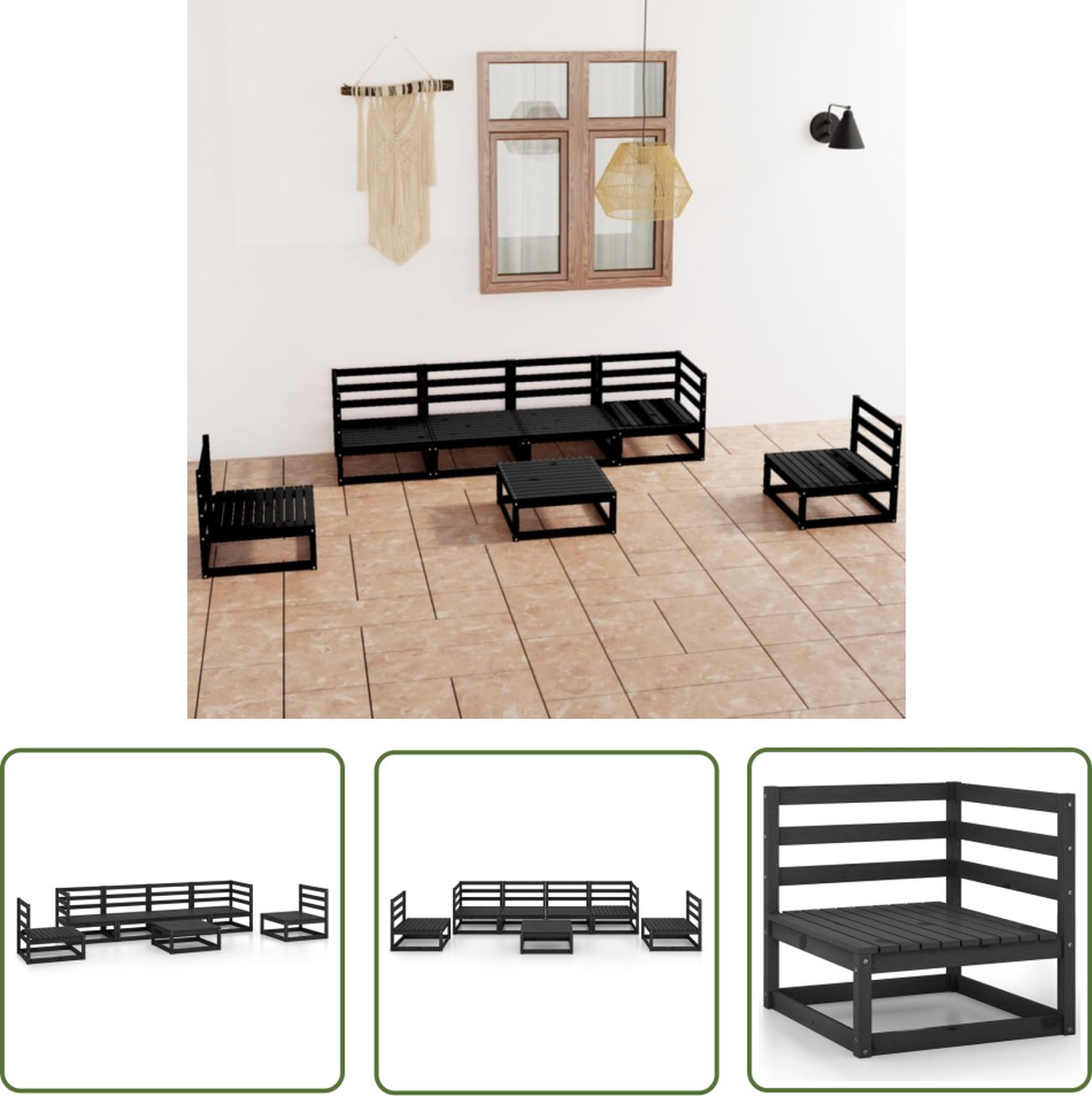 Zwarte massief grenenhouten loungeset voor tuinmeubelen met bank en tafel.