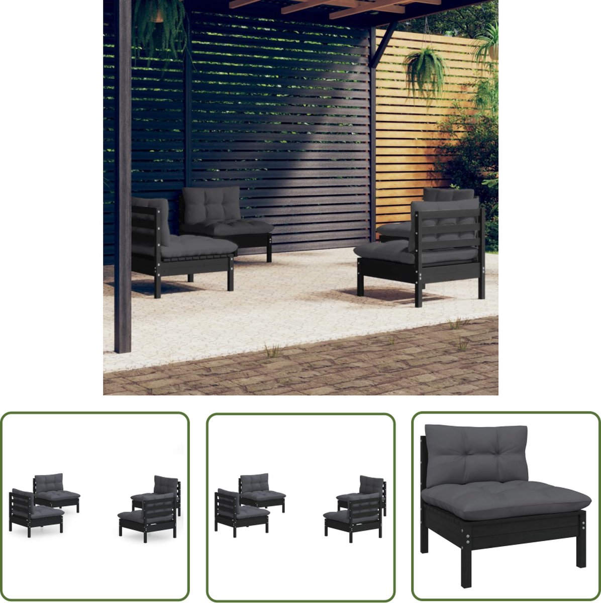 Tuinset met antracietkleurige kussens en grenenhouten loungestoel - The Living Store.