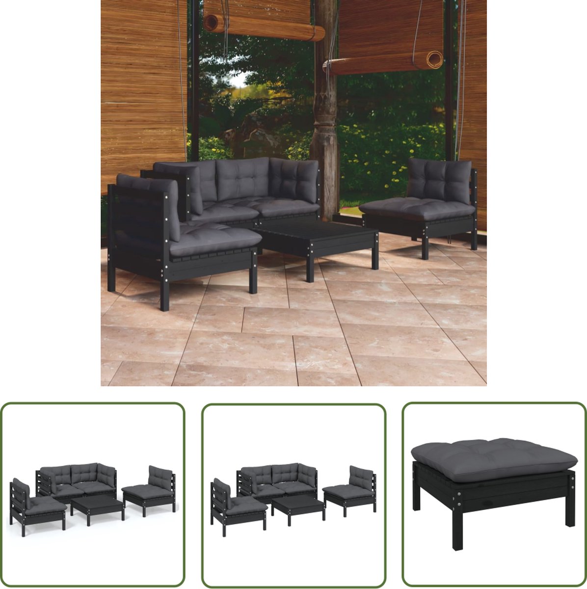 The Living Store 5-delige Loungeset met kussens massief grenenhout - Loungeset - Tuinset - Houten Lounge - Grenenhout - Zwarte Loungestoel