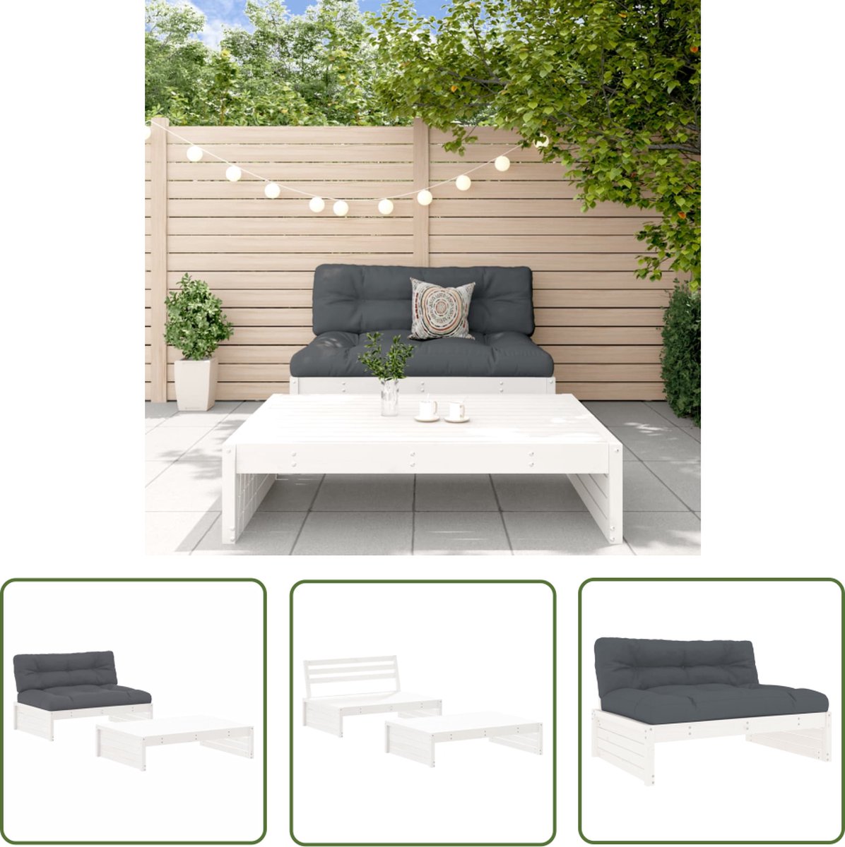 The Living Store 2-delige Loungeset met kussens massief hout wit - Loungeset - Tuinset - Hout - Grenenhout - Lounge Stoel