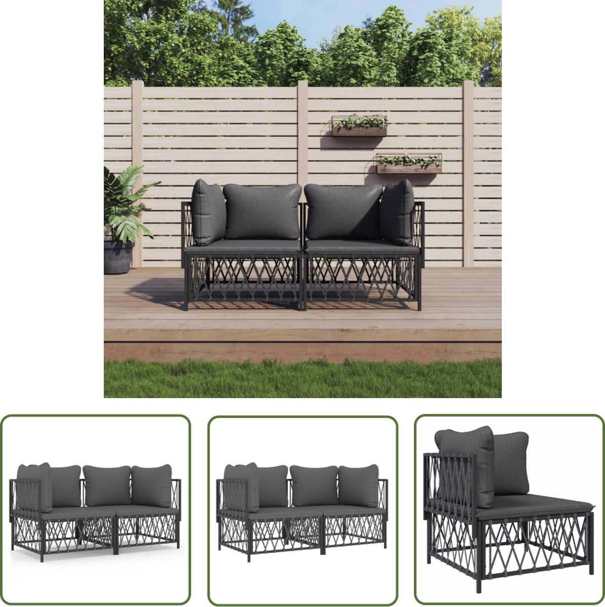 Moderne antracietkleurige loungeset met kussens, staal, geschikt voor buiten.