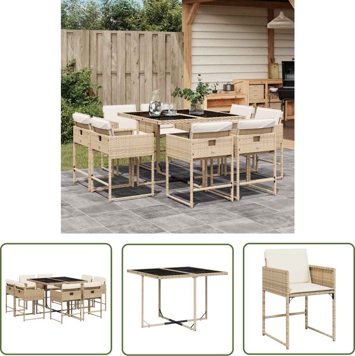 The Living Store 9-delige Tuinset met kussens poly rattan beige - Tuinset - Lounge Set - Buitendecoratie - PE-rattan - Bistrotafel