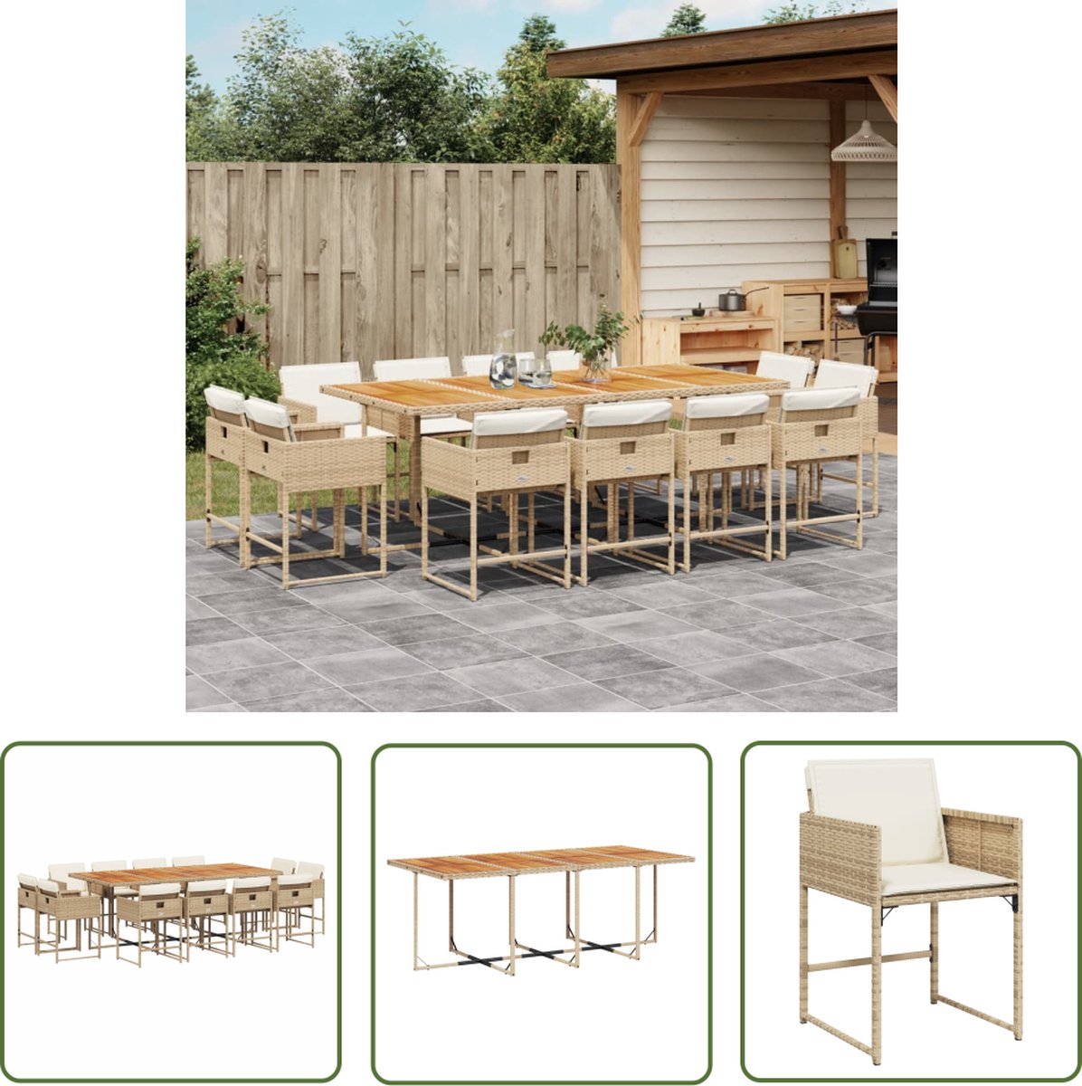 The Living Store 13-delige Tuinset met kussens poly rattan beige - Tuinmeubels - Terasmeubilair - Eetkamerset - Lounge Set - Outdoor Furniture