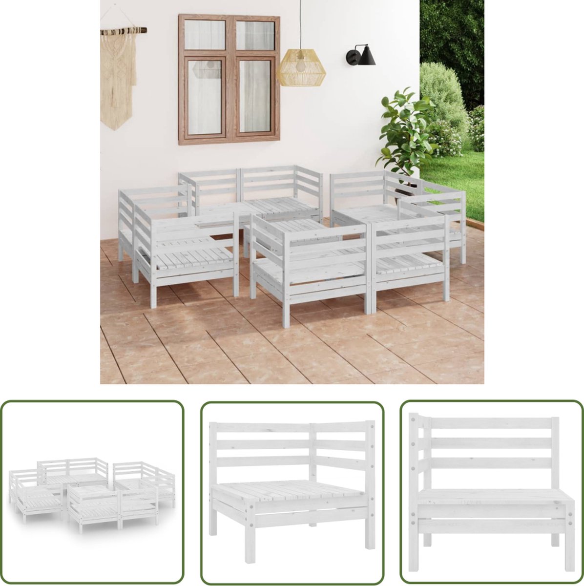 The Living Store 9-delige Loungeset massief grenenhout wit - Tuin Lounge Set - Loungebank - Buitentijd - Houten Bank - Balkon Meubel