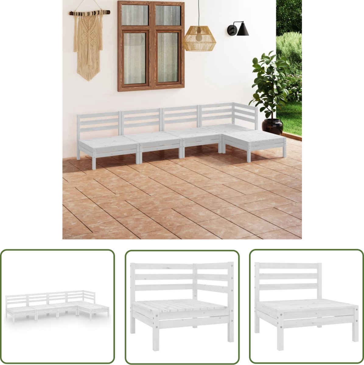 Massief grenenhouten loungeset in witte kleur voor buiten - The Living Store.