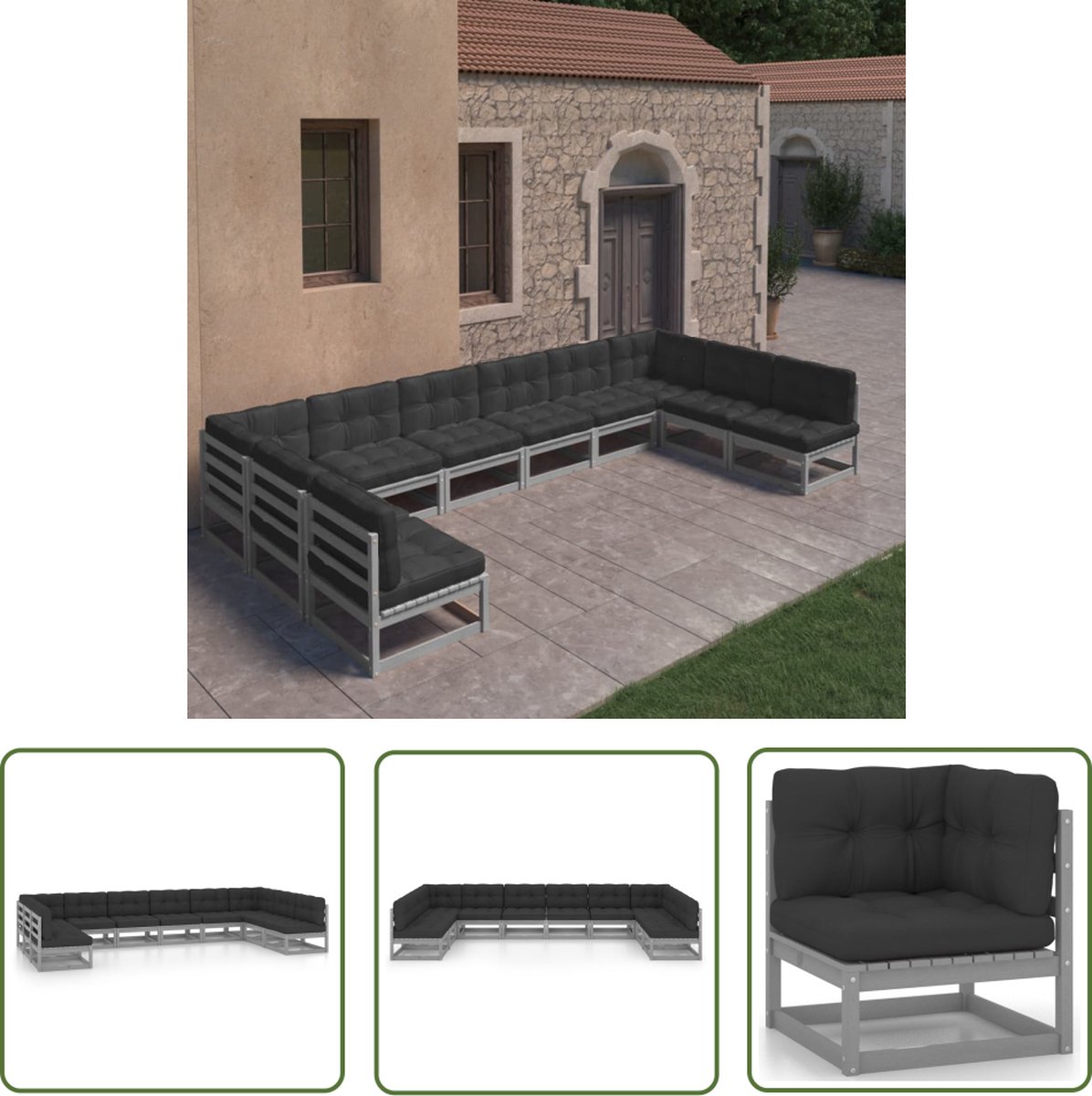 The Living Store 10-delige Loungeset met kussens massief grenenhout grijs - Tuinstoel - Lounge Set - Buitendecor - Houten Meubels - Tuinset