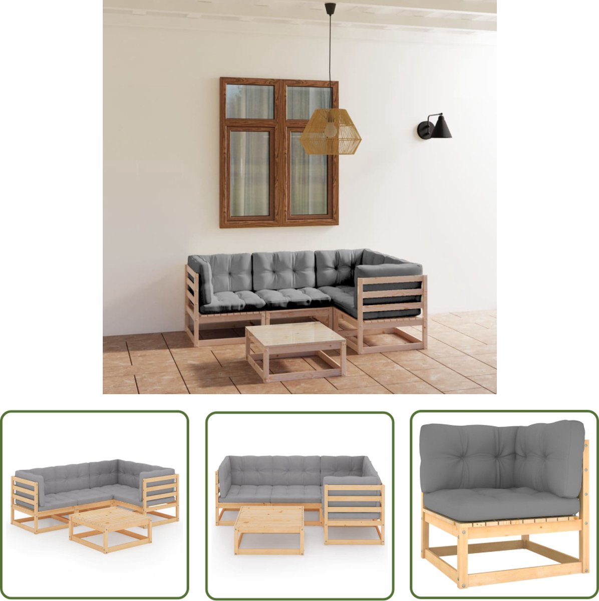 The Living Store 5-delige Loungeset met kussens massief grenenhout - Tuinmeubel - Loungestoel - Buitendining - Houten Bank - Tuinset