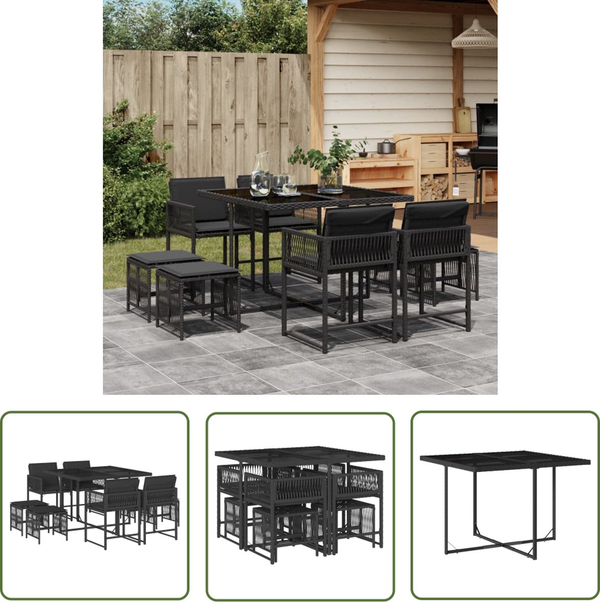 Zwarte poly rattan tuinset met 9 delen - Buitentijd in stijl.