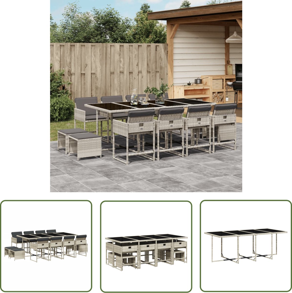 The Living Store 13-delige Tuinset met kussens poly rattan lichtgrijs - Tuinmeubleset - Buitendecoratie - Lounge Set - Eetkamerset - PE Rattan