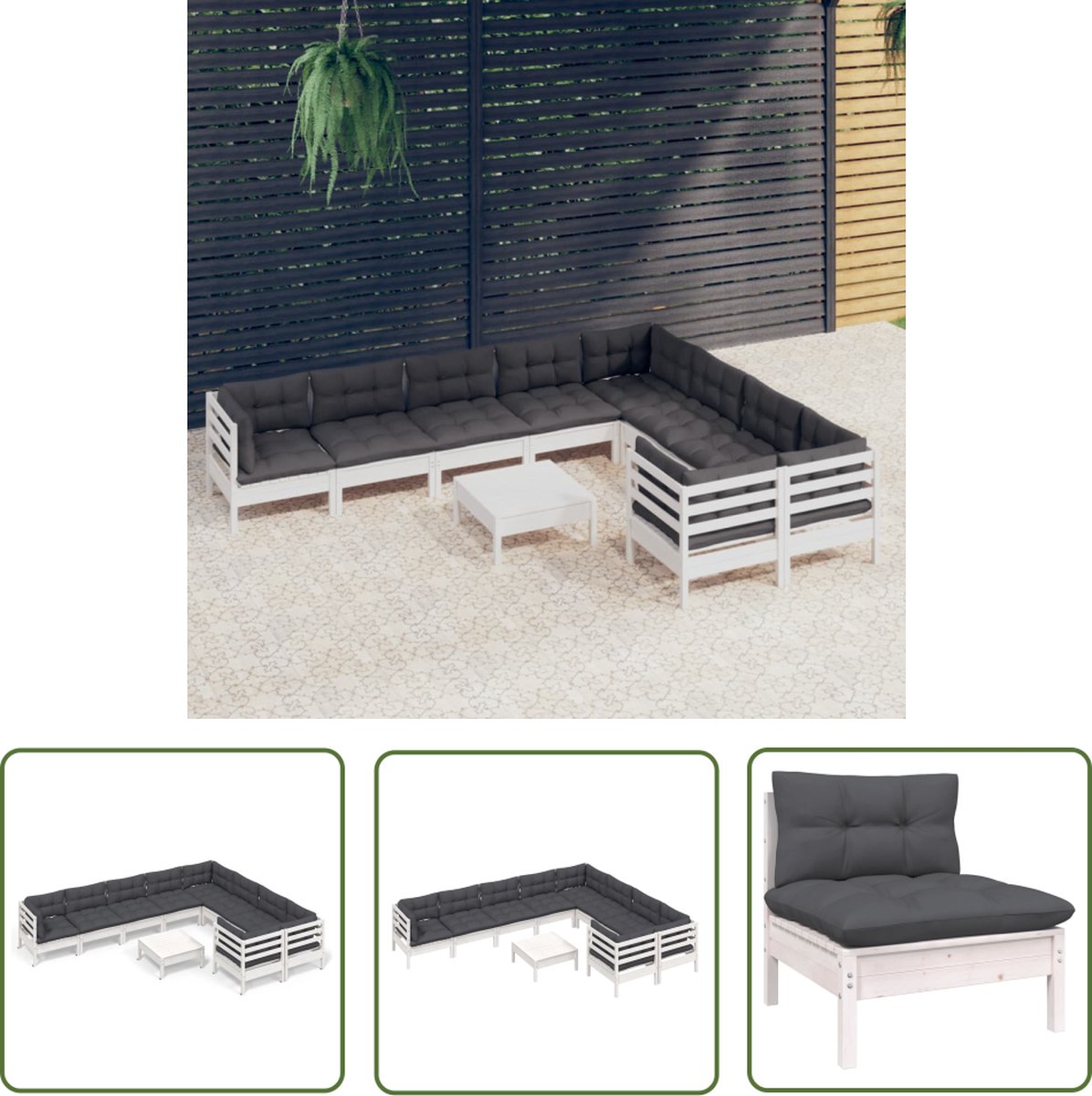 The Living Store 10-delige Loungeset met kussens grenenhout wit - Loungeset - Tuinset - Hout - Grenenhout - Lounge