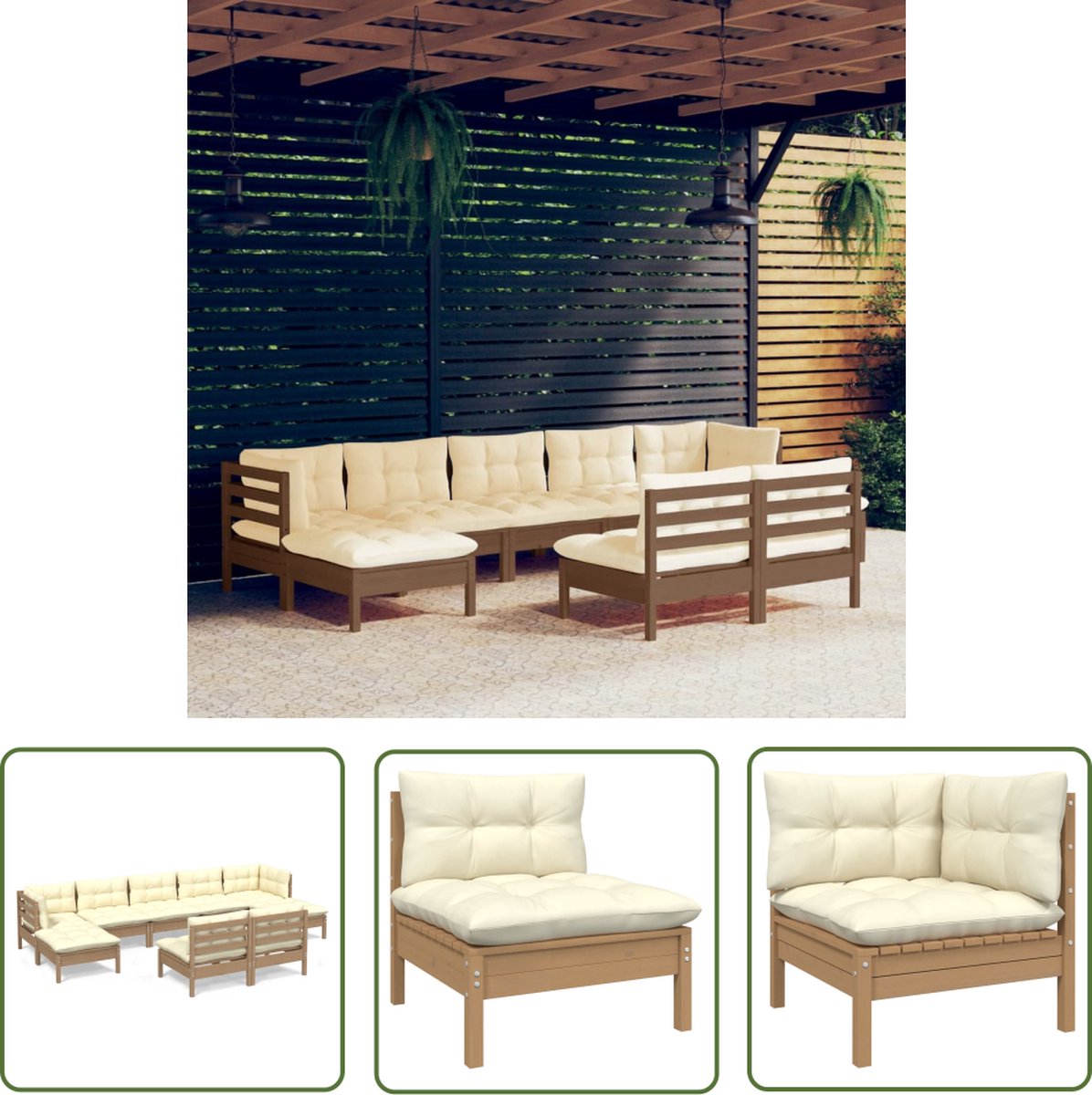 Tuinset met loungebank, kussens, grenenhout in honingbruin - The Living Store.
