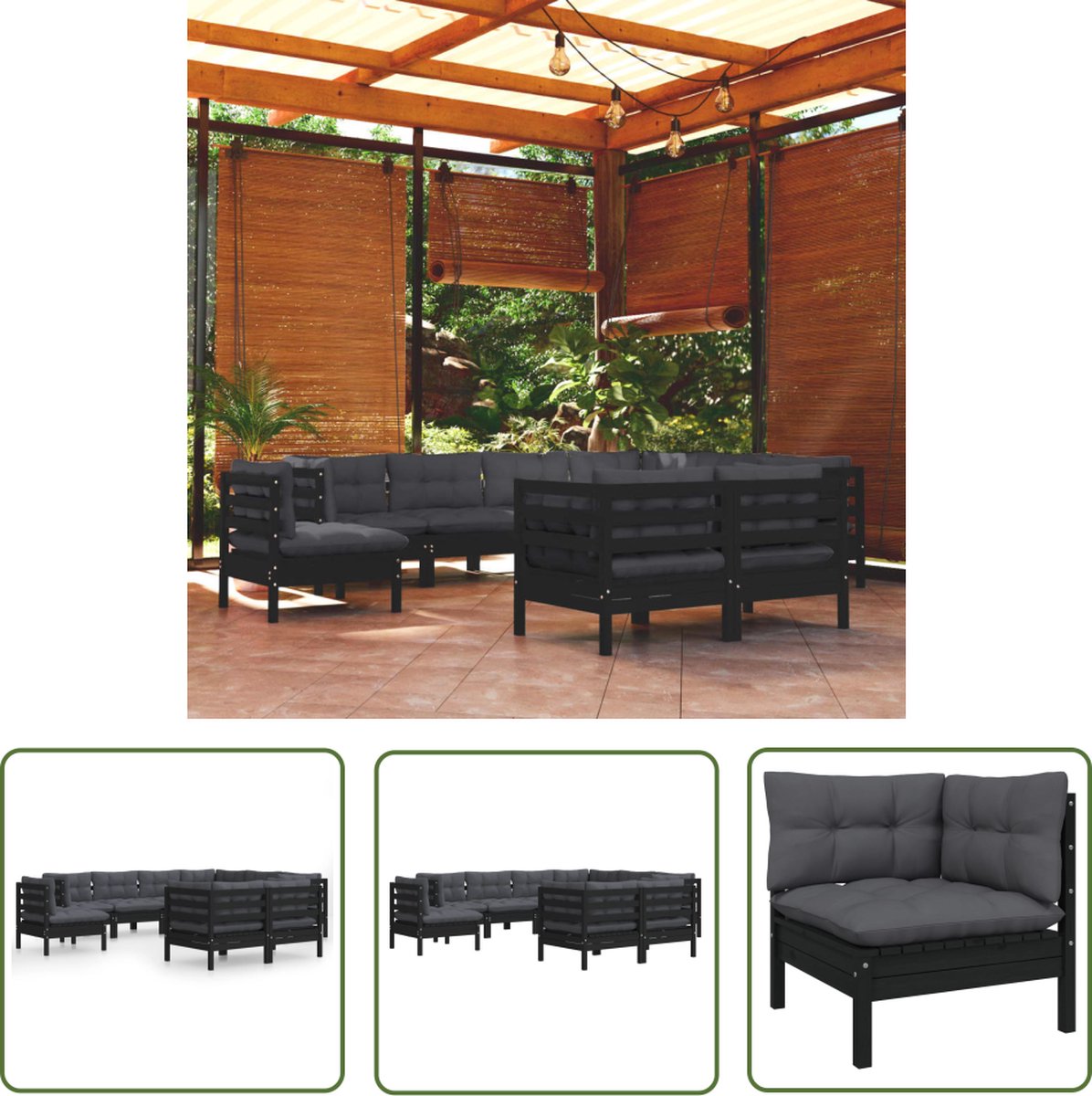 The Living Store 9-delige Loungeset met kussens massief grenenhout zwart - Loungeset - Tuinlounge - Lounge Bank - Buitentijnen - Houten Loungebank