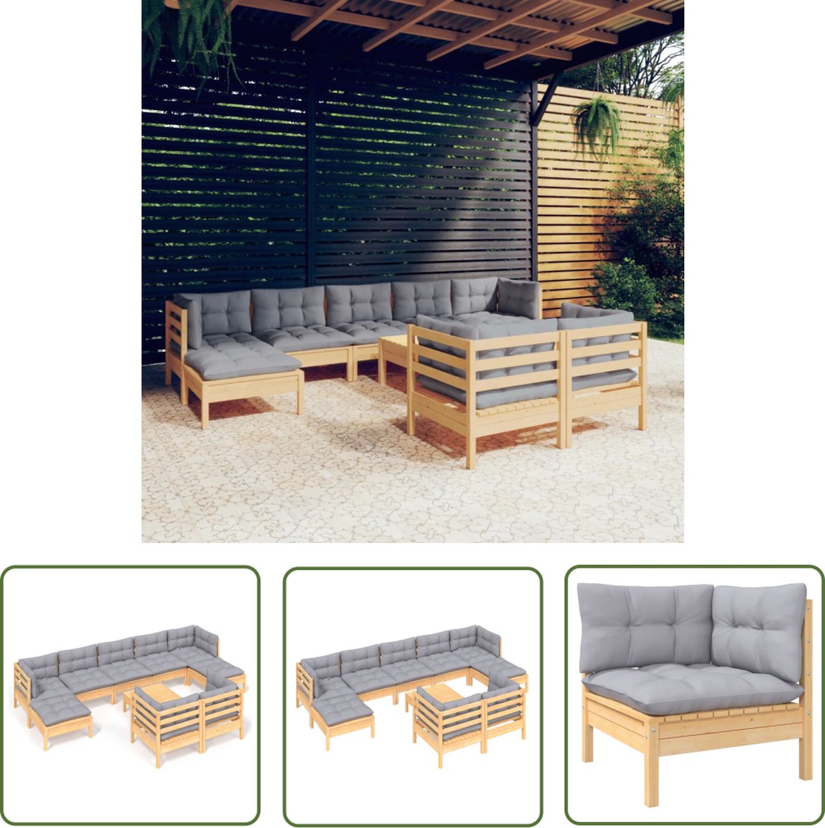 Massief grenenhouten loungeset met grijze kussens voor tuin - The Living Store.