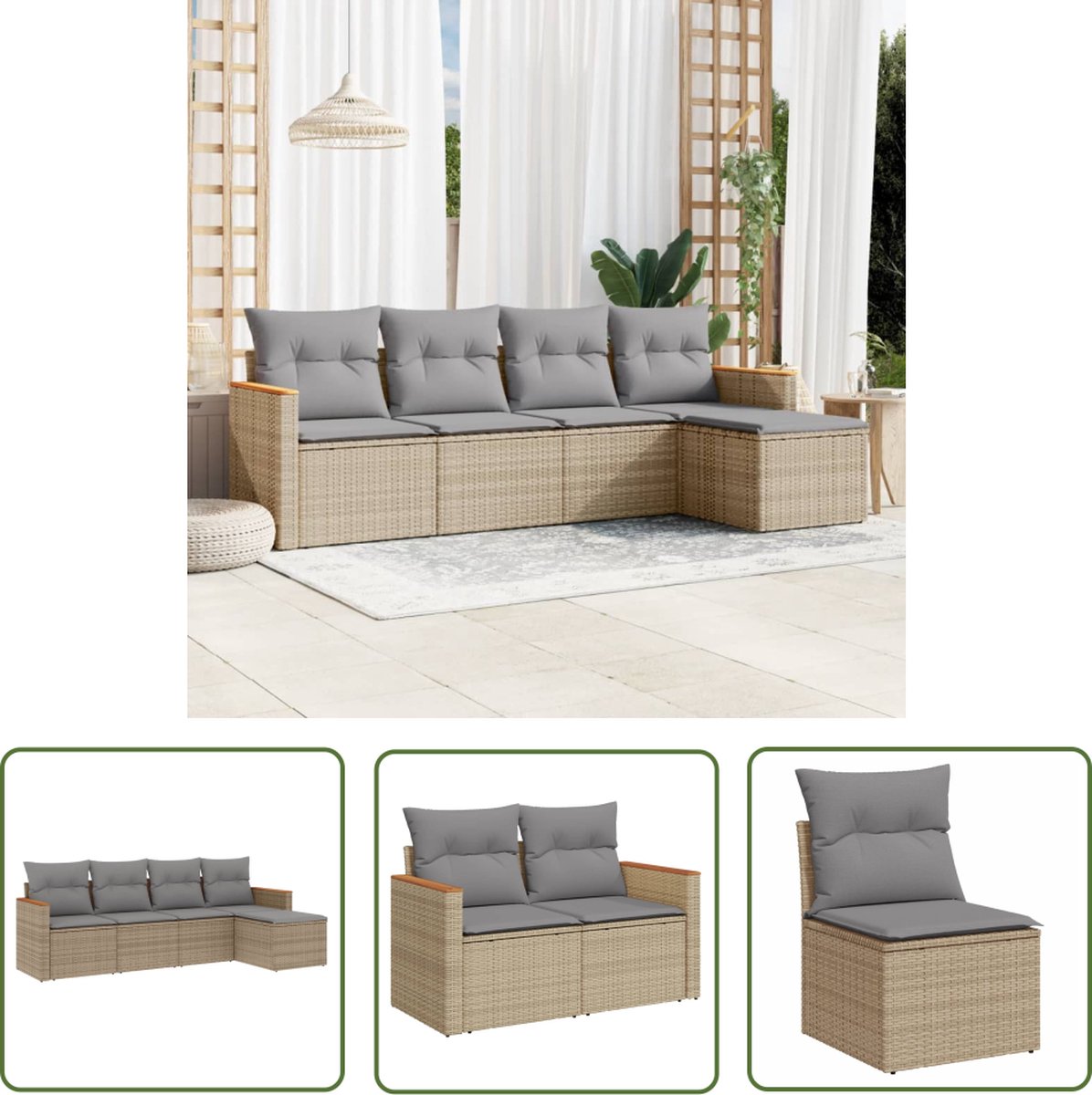 The Living Store 5-delige Loungeset met kussens poly rattan gemengd beige - Loungebank - Tuinset - Lounge Set - Buitendecoratie - Tuinmeubels