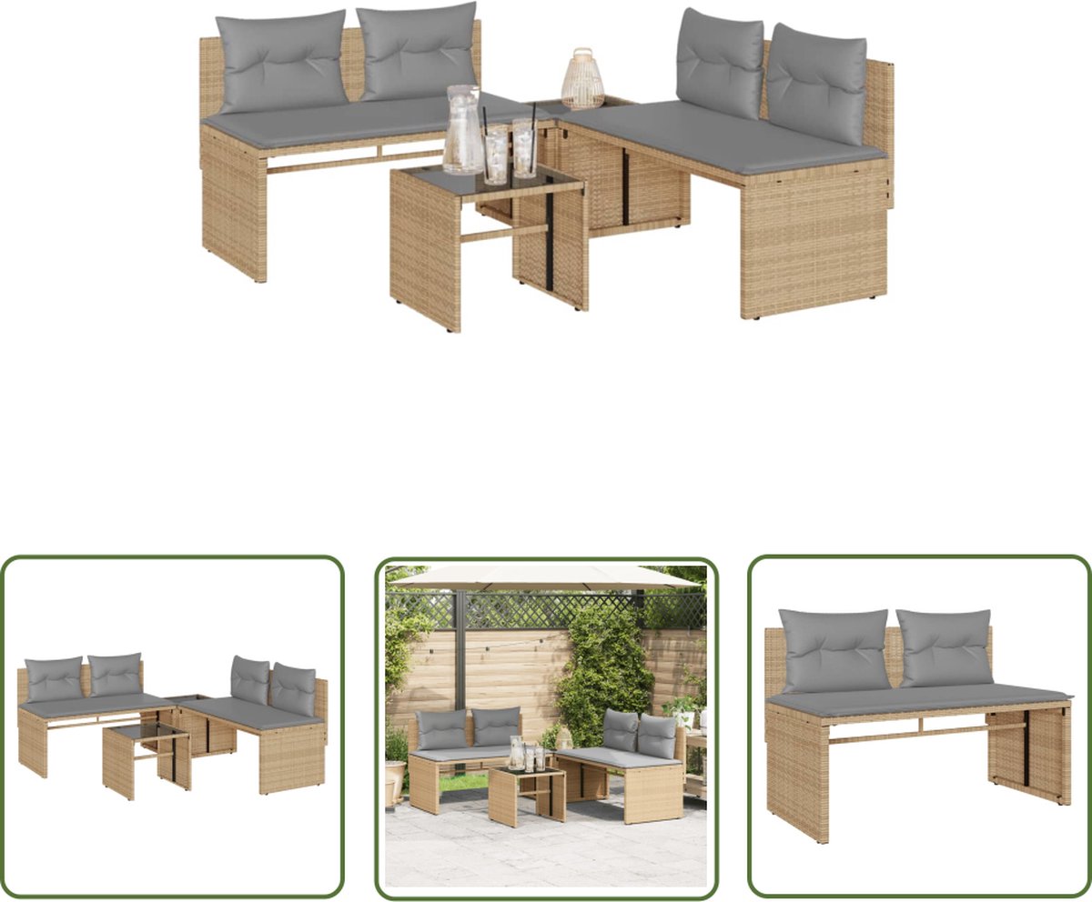 Poly rattan loungeset in beige met kussens voor buiten - The Living Store.