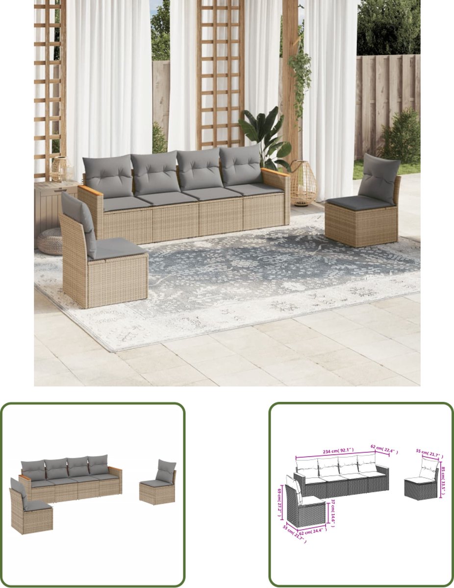 The Living Store 6-delige Loungeset met kussens poly rattan beige - Loungeset - Tuinset - Lounge Bank - Buitendecoratie - Tuinbank