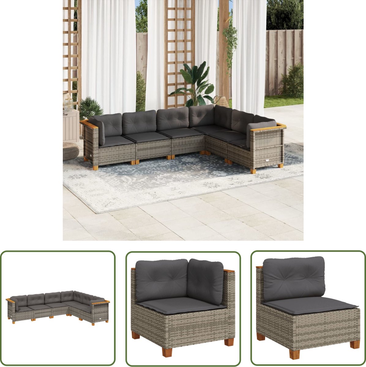 The Living Store 6-delige Loungeset met kussens poly rattan grijs - Loungebank - Tuinset - Lounge Set - Buitendecoratie - Outdoor Furniture