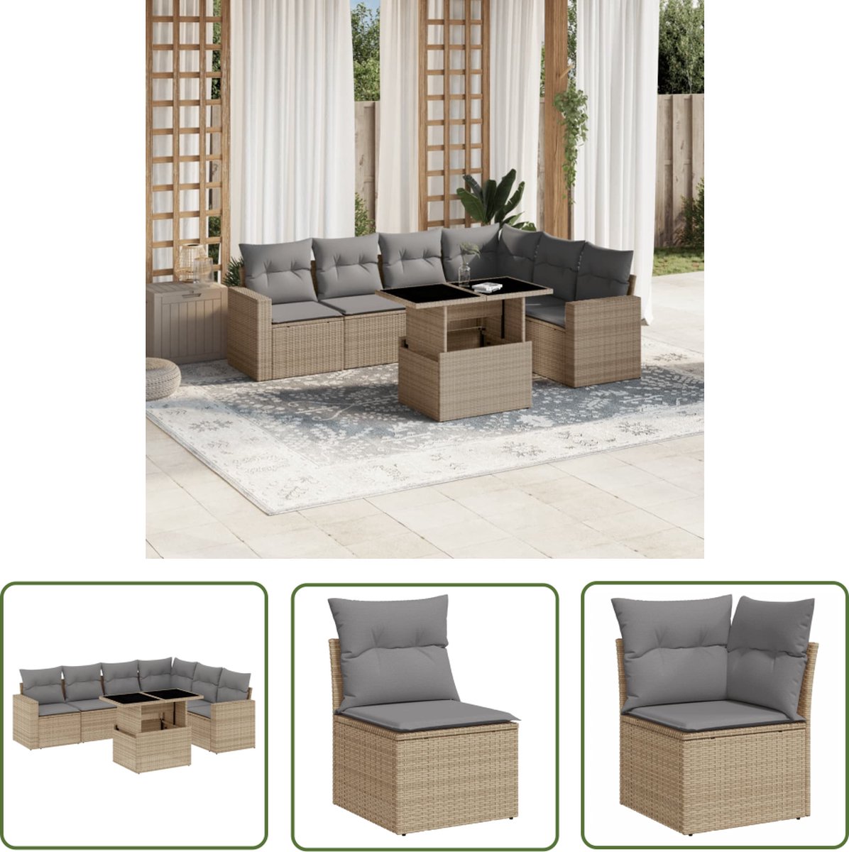 The Living Store Loungeset in beige poly rattan with cushions.