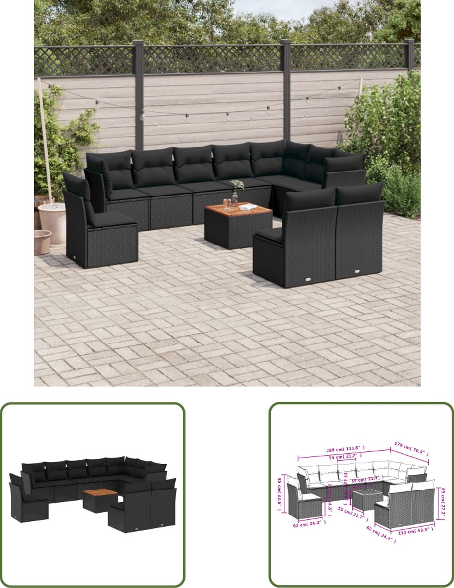 The Living Store 11-delige Loungeset met kussens poly rattan zwart - Tuinlounge - Lounge Set - Buis Meubel - PE Rattan - Loungebank
