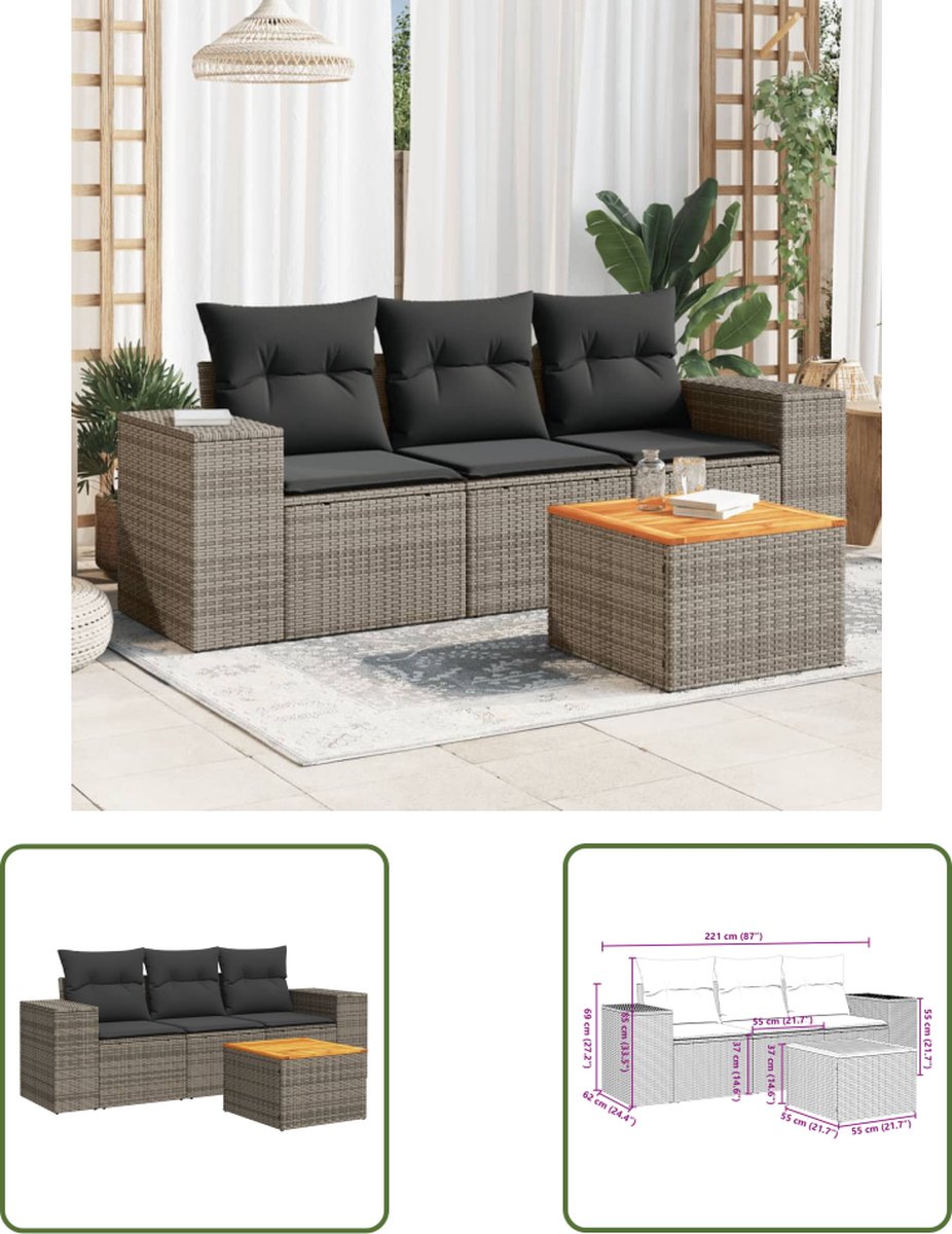 The Living Store 4-delige Loungeset met kussens poly rattan grijs - Loungeset - Lounge Set - Buitendecoratie - Tuinmeubels - Teak Meubel