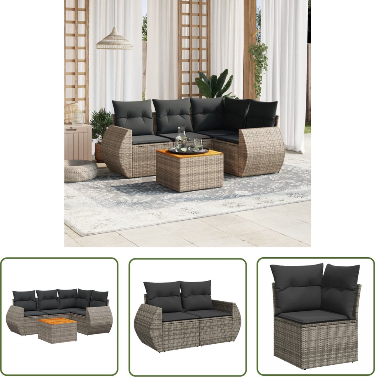 The Living Store 5-delige Loungeset met kussens poly rattan grijs - Loungeset - Loungemeubels - Buitendecoratie - Tuinmeubelen - Pe Rattan