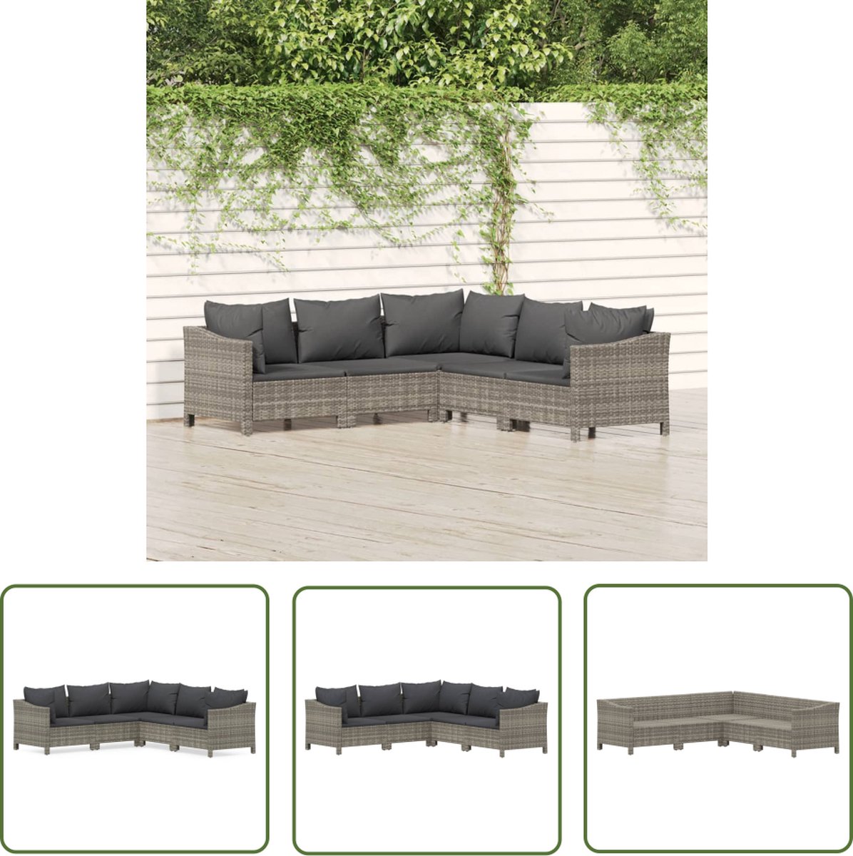 The Living Store 5-delige Loungeset met kussens poly rattan grijs - Loungeset - Tuinset - Lounge - Outdoor Furniture - Patio Set