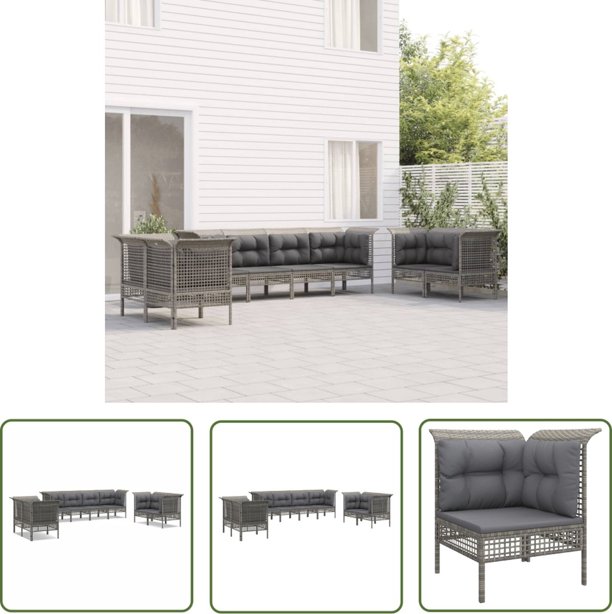 The Living Store 8-delige Loungeset met kussens poly rattan grijs - Loungeset - Lounge Set - Tuinset - Outdoor Furniture - Patioset