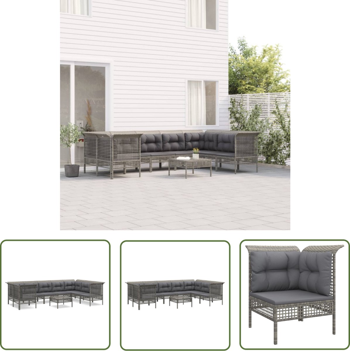 The Living Store 9-delige Loungeset met kussens poly rattan grijs - Tuin Lounge Set - Loungegroep - Outdoor Furniture - Patioset - Veranda Meubel