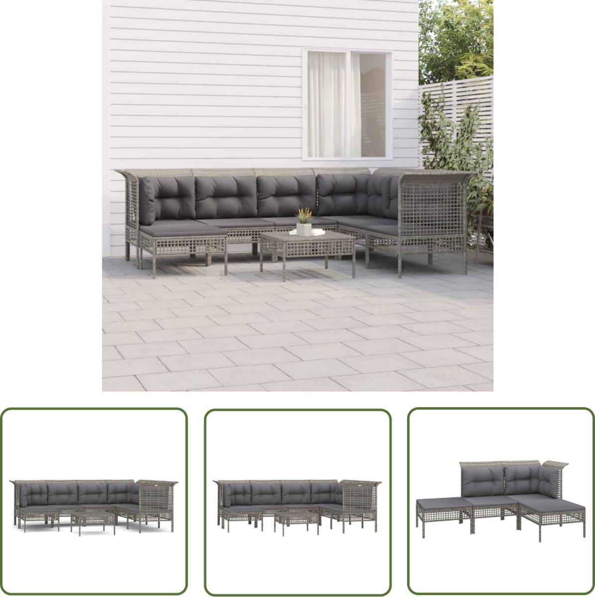 Moderne grijze poly rattan loungeset met kussens voor buiten.