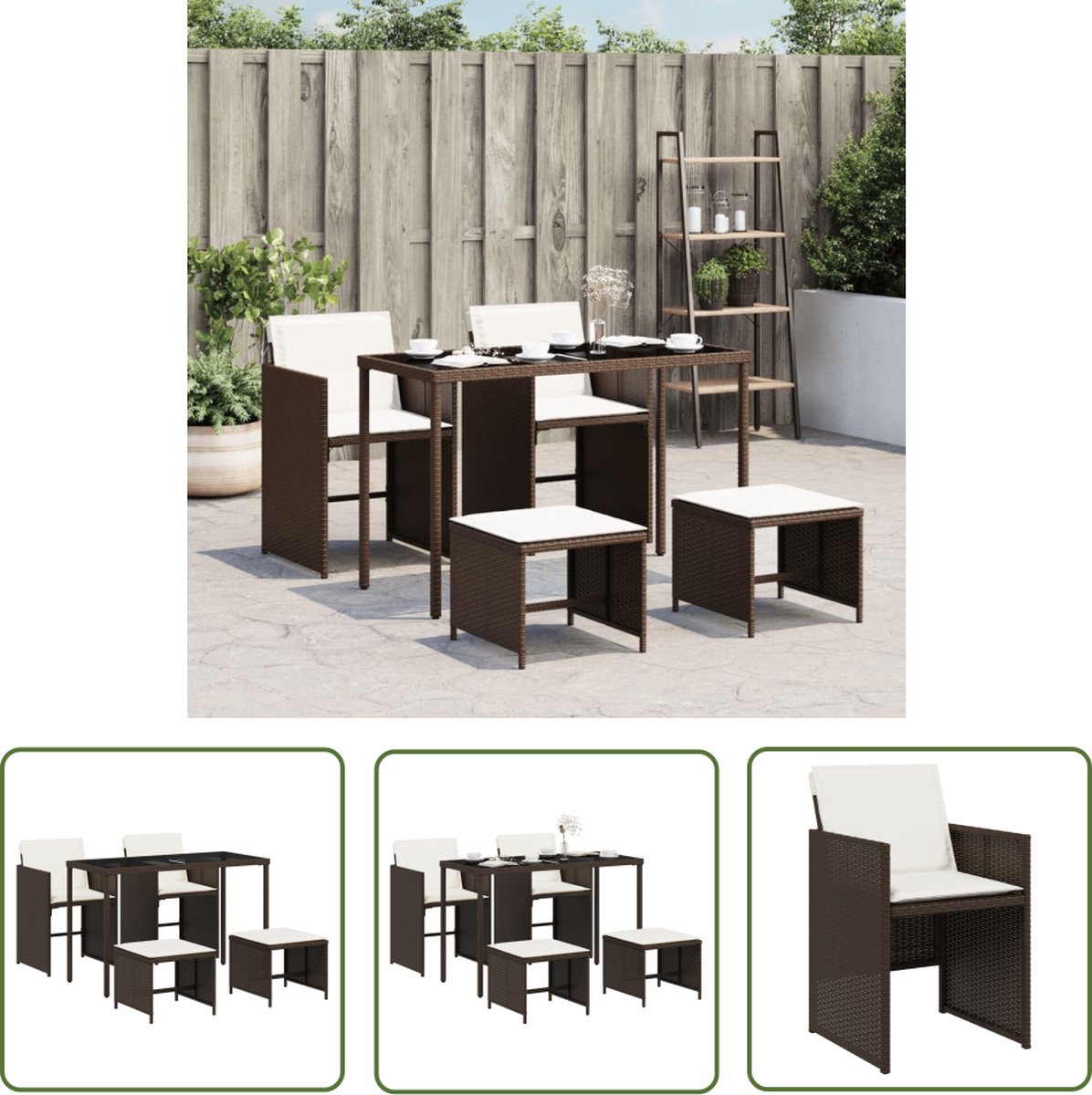 Poly rattan bruine tuinset met kussens en eetgroep - The Living Store.