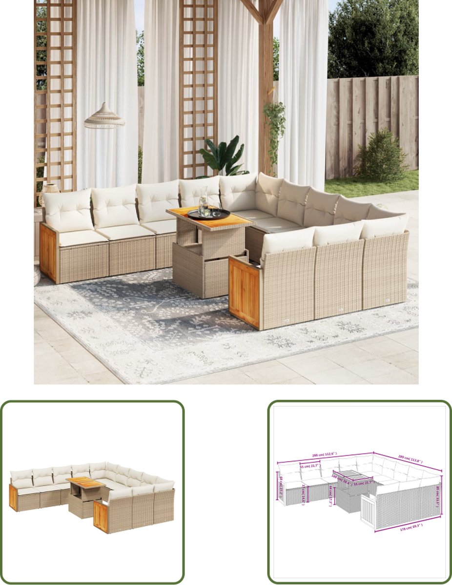 11-delige poly rattan beige tuinset met kussens - Loungeset - Tuinmeubels.