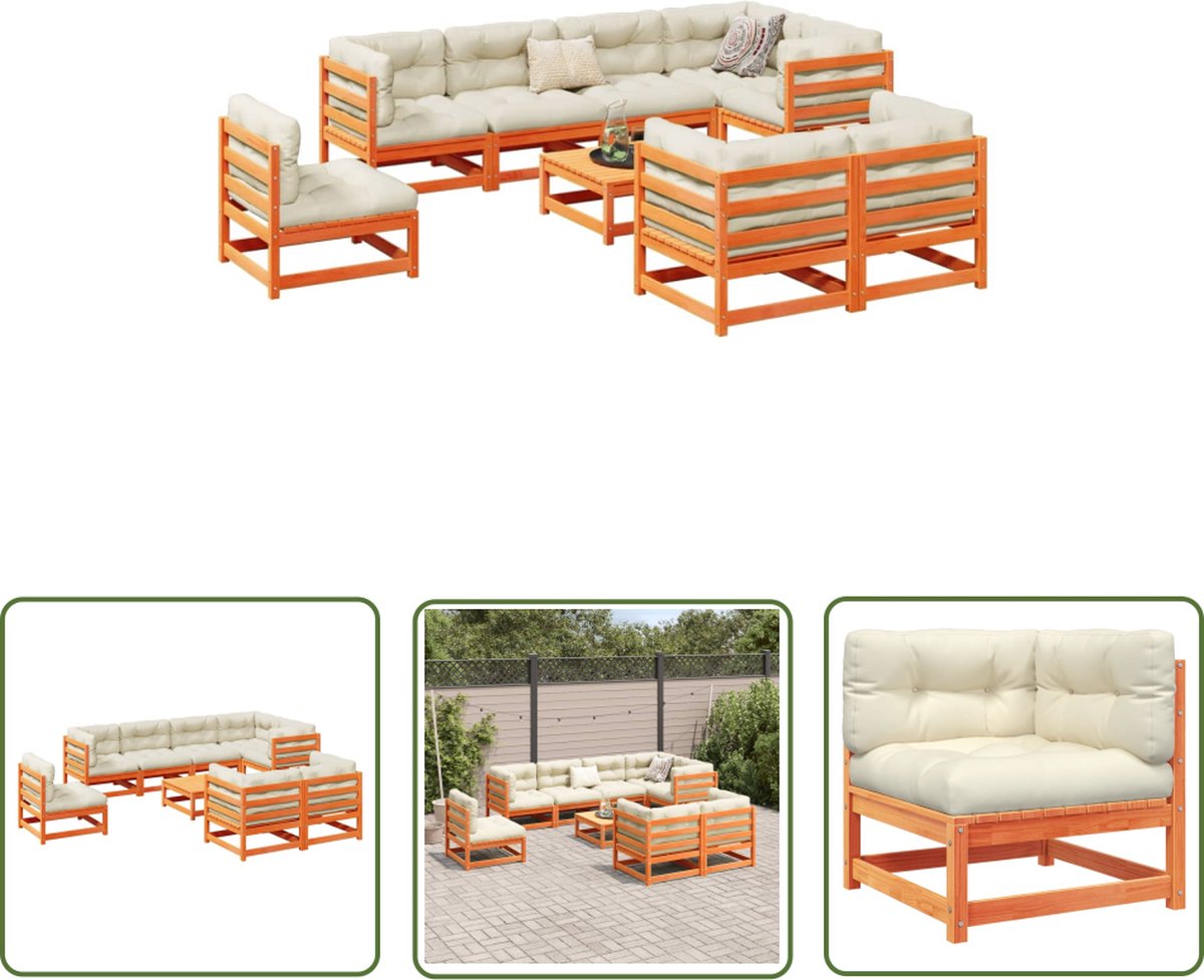 The Living Store 9-delige Loungeset met kussens massief grenenhout wasbruin - Loungebank - Tuinset - Buitendiner - Houten Bank - Lounge Set