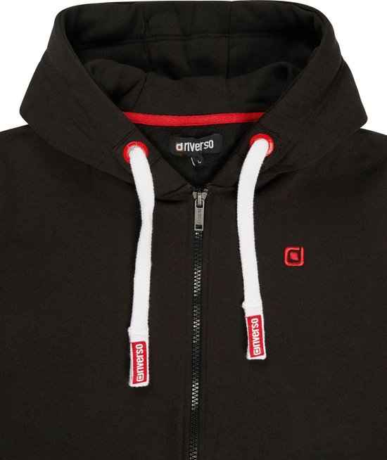 Zwarte Riverso hoodie met capuchon, rits en witte koorden met rode tekst.
