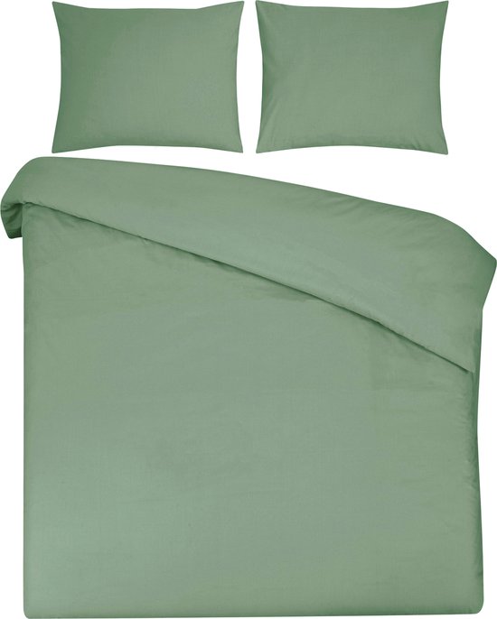 Housse de couette grand lit et deux taies d'oreiller vert sauge, à plat.