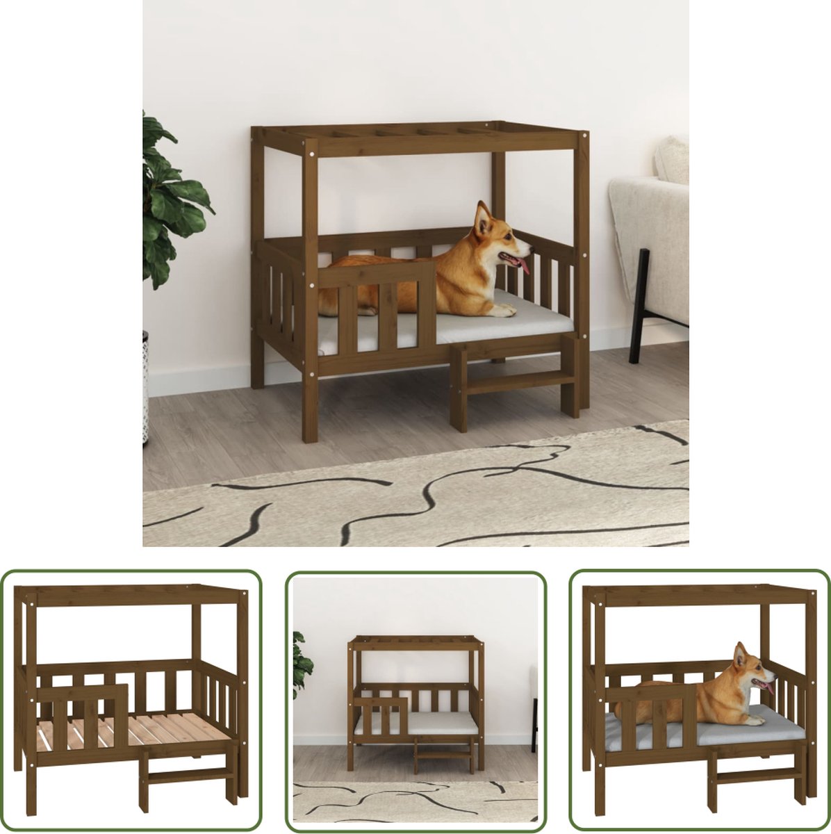 vidaXL Honden Bed – Hond Mand – Hondenmand 95,5×73,5×90 cm massief grenenhout honingbruin – Honden Bench – Bruine Hondenmand – Granenhout Hondenmand